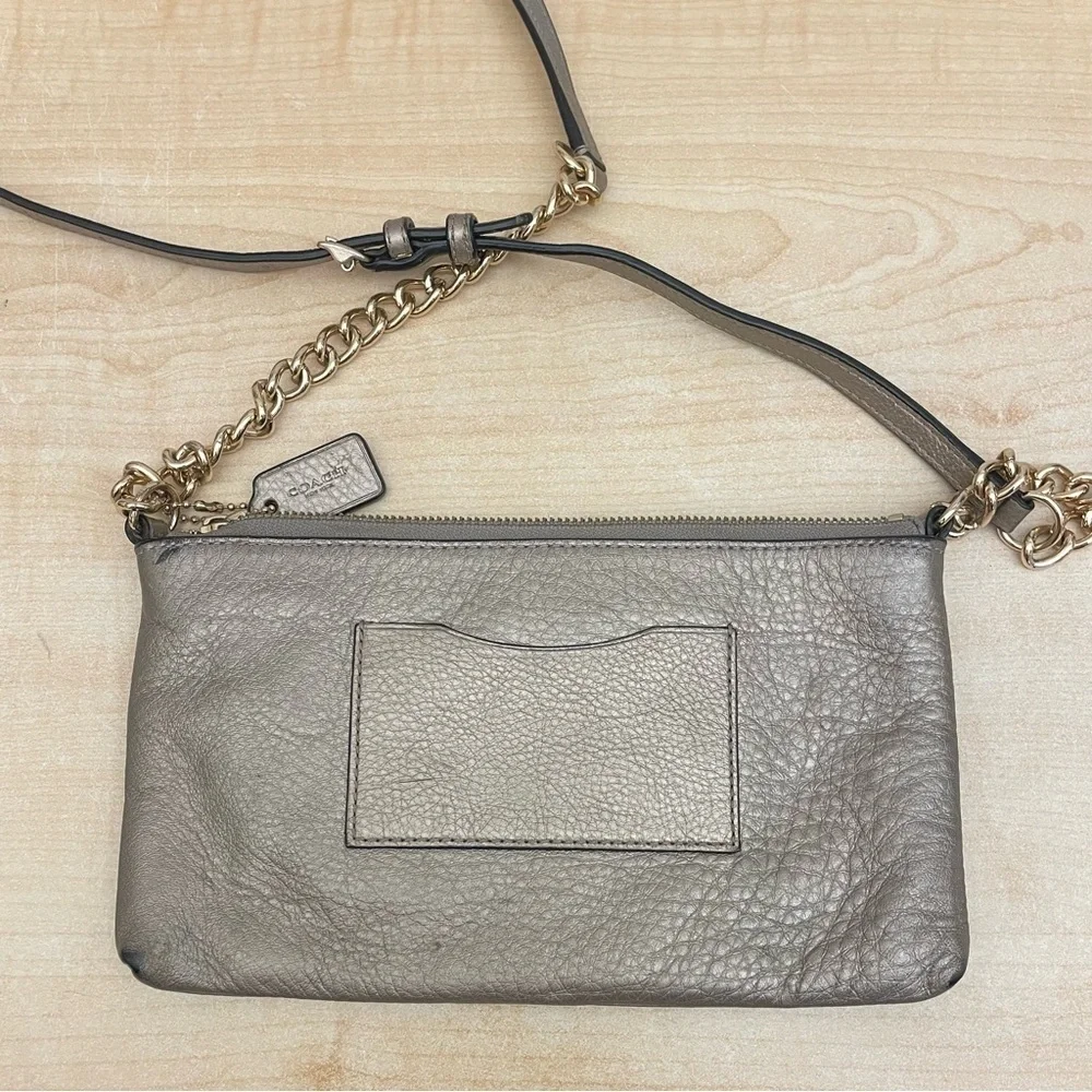 COACH  Quinn Gray Leather Chain Strap Zipper Closure Crossbody Bag; 4” x 6”